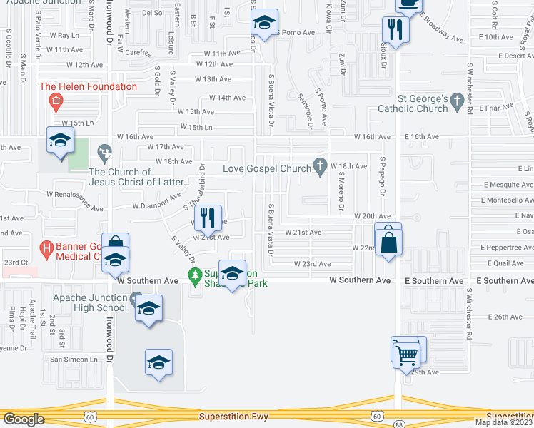 map of restaurants, bars, coffee shops, grocery stores, and more near 1996 South Buena Vista Drive in Apache Junction