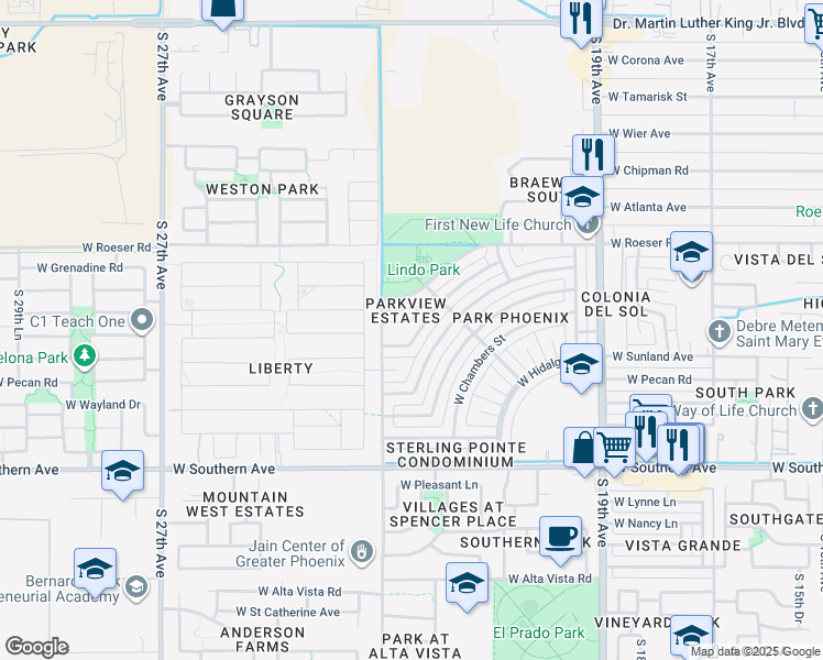 map of restaurants, bars, coffee shops, grocery stores, and more near 2257 West Bowker Street in Phoenix