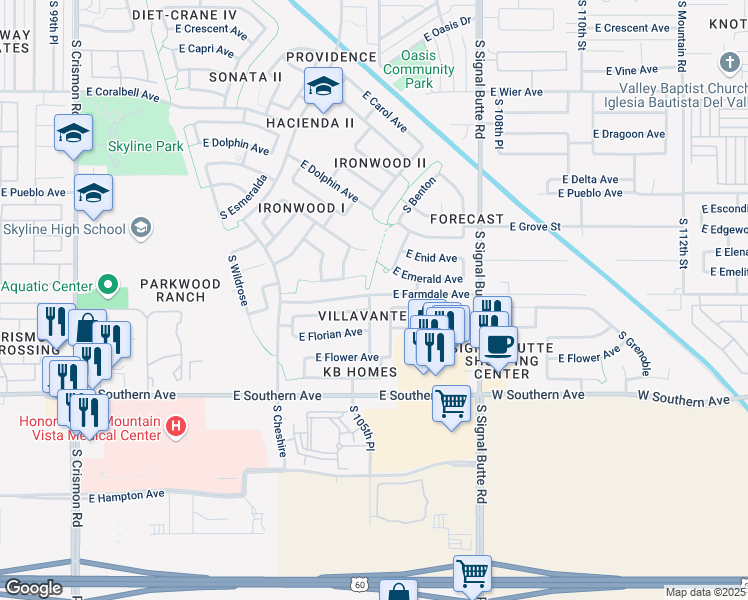 map of restaurants, bars, coffee shops, grocery stores, and more near 1001 South Canfield in Mesa