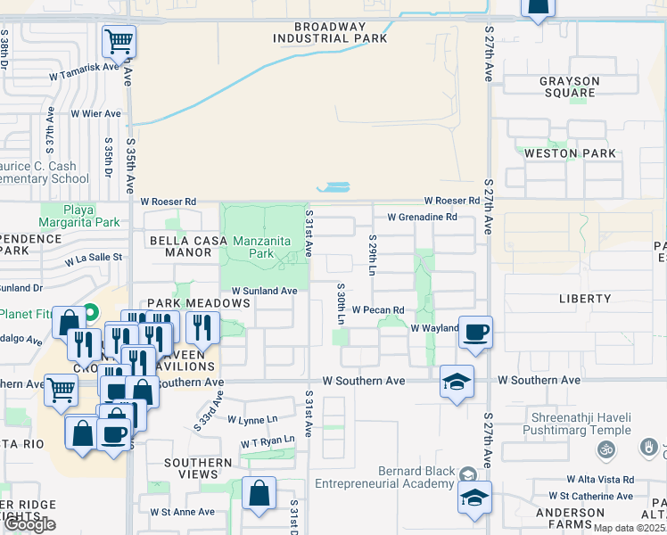 map of restaurants, bars, coffee shops, grocery stores, and more near 3024 West Bowker Street in Phoenix