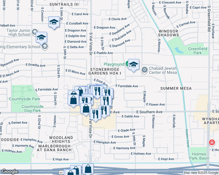 map of restaurants, bars, coffee shops, grocery stores, and more near East Farmdale Avenue in Mesa