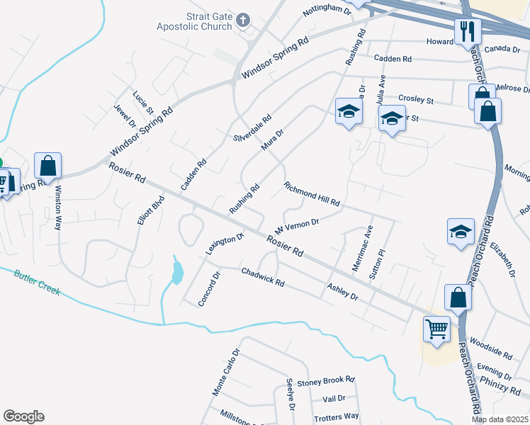 map of restaurants, bars, coffee shops, grocery stores, and more near 2145 Kingsley Court in Augusta