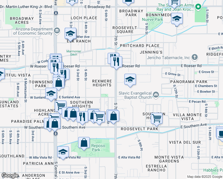 map of restaurants, bars, coffee shops, grocery stores, and more near 5408 South 7th Street in Phoenix