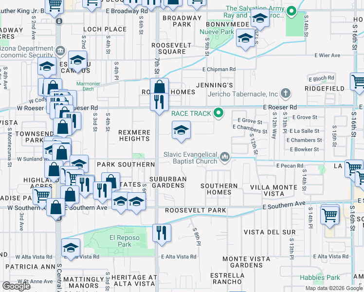 map of restaurants, bars, coffee shops, grocery stores, and more near 5401 South 7th Street in Phoenix