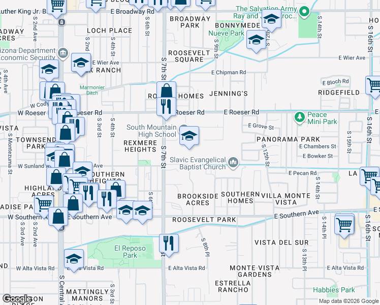 map of restaurants, bars, coffee shops, grocery stores, and more near 5401 South 7th Street in Phoenix