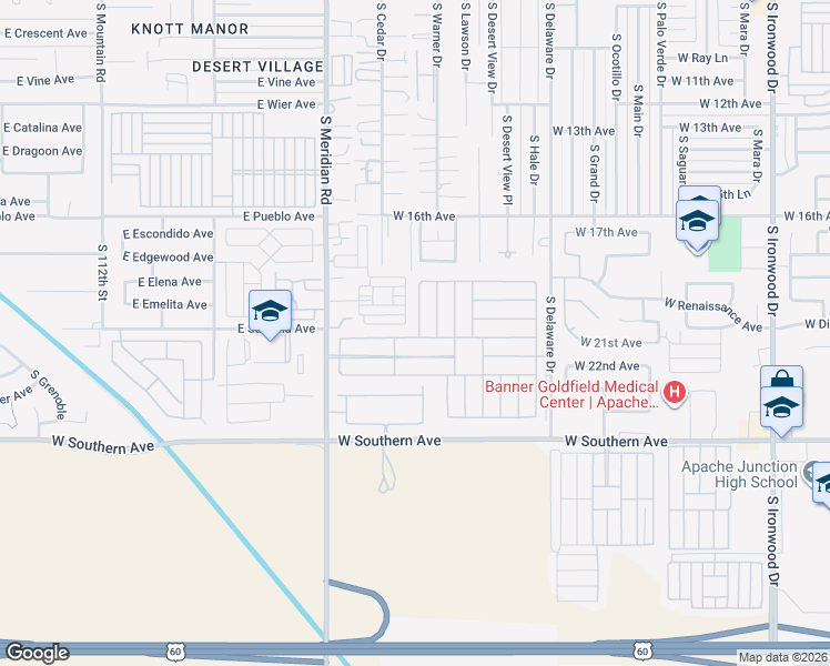 map of restaurants, bars, coffee shops, grocery stores, and more near 2101 South Meridian Road in Apache Junction