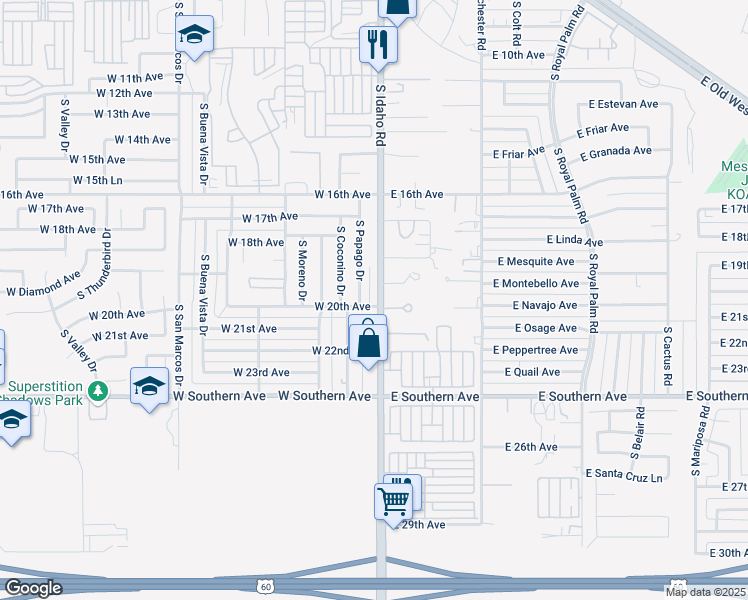 map of restaurants, bars, coffee shops, grocery stores, and more near 1950 South Idaho Road in Apache Junction