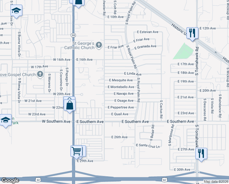 map of restaurants, bars, coffee shops, grocery stores, and more near 540 East Montebello Avenue in Apache Junction