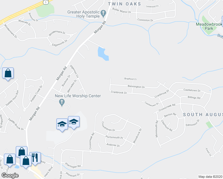 map of restaurants, bars, coffee shops, grocery stores, and more near 2821 Cranbrook Drive in Hephzibah
