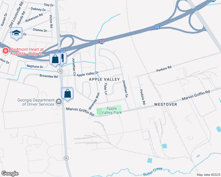 map of restaurants, bars, coffee shops, grocery stores, and more near 1629 Cider Court in Augusta