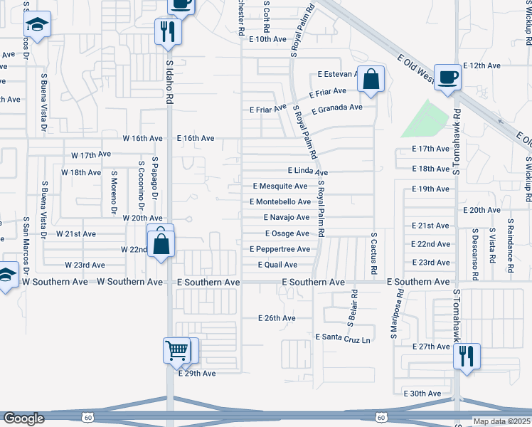 map of restaurants, bars, coffee shops, grocery stores, and more near 540 East Montebello Avenue in Apache Junction