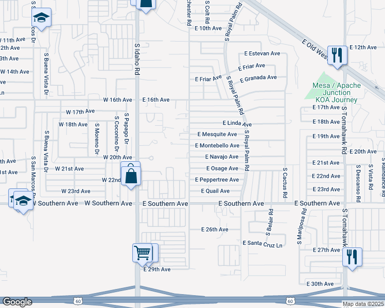 map of restaurants, bars, coffee shops, grocery stores, and more near 408 East Montebello Avenue in Apache Junction