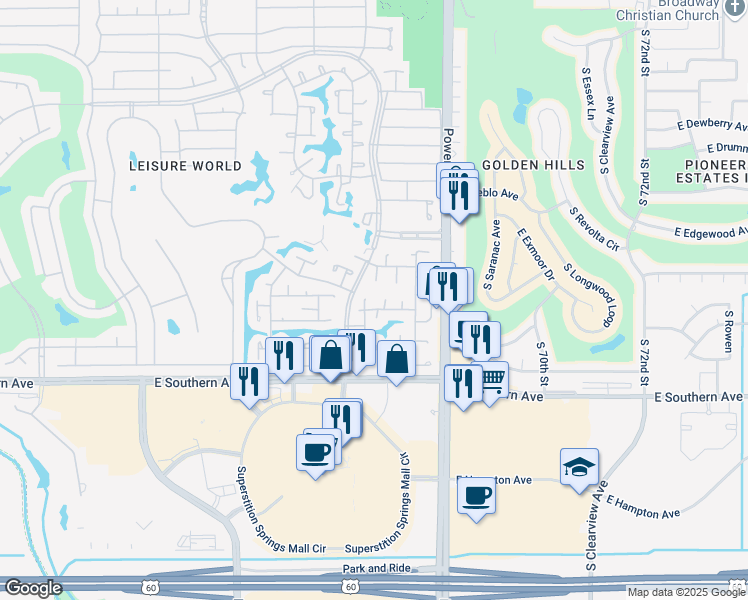 map of restaurants, bars, coffee shops, grocery stores, and more near 242 Leisure World in Mesa