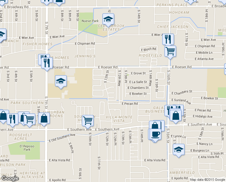 map of restaurants, bars, coffee shops, grocery stores, and more near 5408 South 12th Way in Phoenix