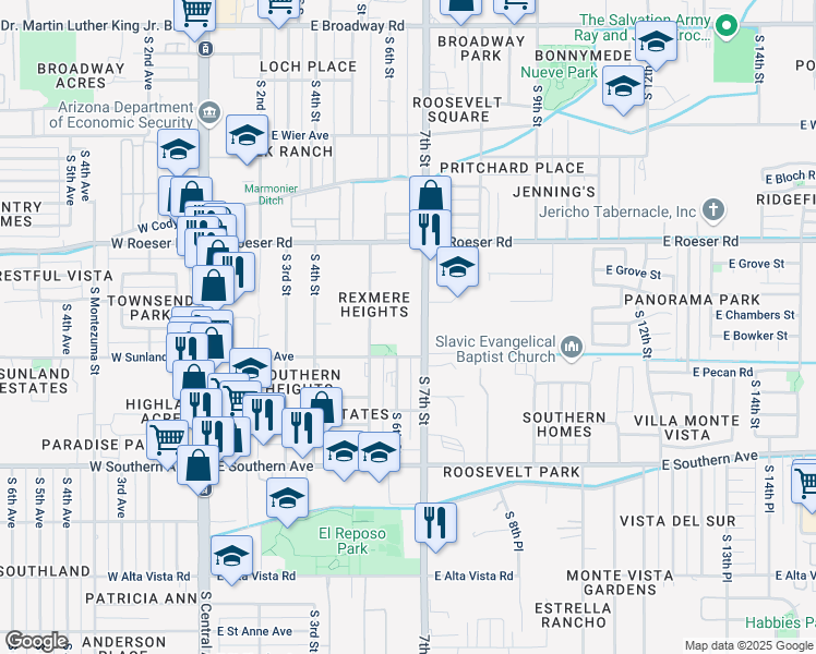 map of restaurants, bars, coffee shops, grocery stores, and more near 5408 South 7th Street in Phoenix