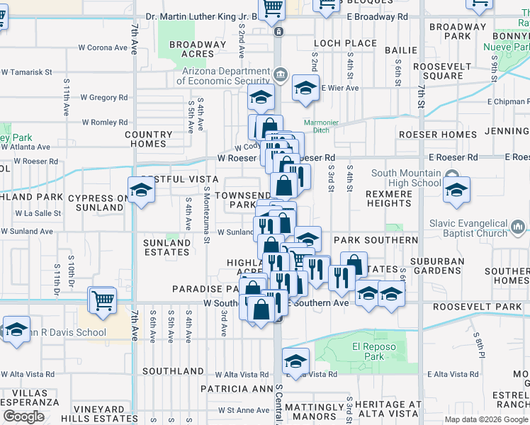 map of restaurants, bars, coffee shops, grocery stores, and more near 5403 South 1st Avenue in Phoenix