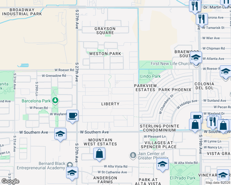 map of restaurants, bars, coffee shops, grocery stores, and more near 2510 West La Salle Street in Phoenix