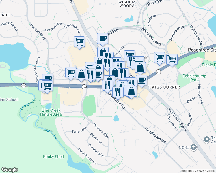 map of restaurants, bars, coffee shops, grocery stores, and more near 225 Market Place Connector in Peachtree City