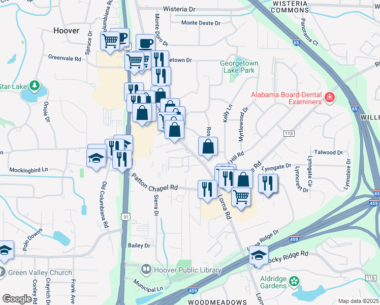 map of restaurants, bars, coffee shops, grocery stores, and more near 3220 Gaylark Road in Birmingham