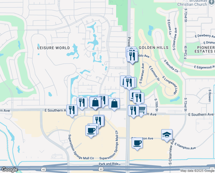map of restaurants, bars, coffee shops, grocery stores, and more near 242 Leisure World in Mesa