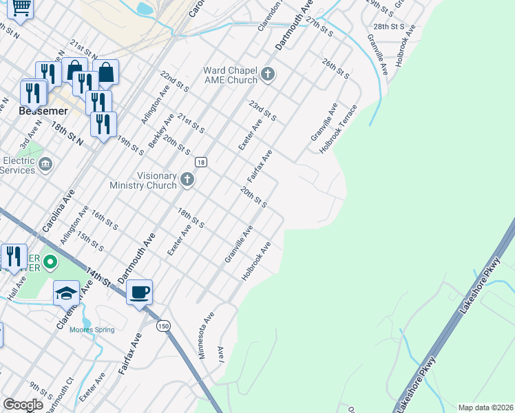 map of restaurants, bars, coffee shops, grocery stores, and more near 2001 Fairfax Avenue in Bessemer