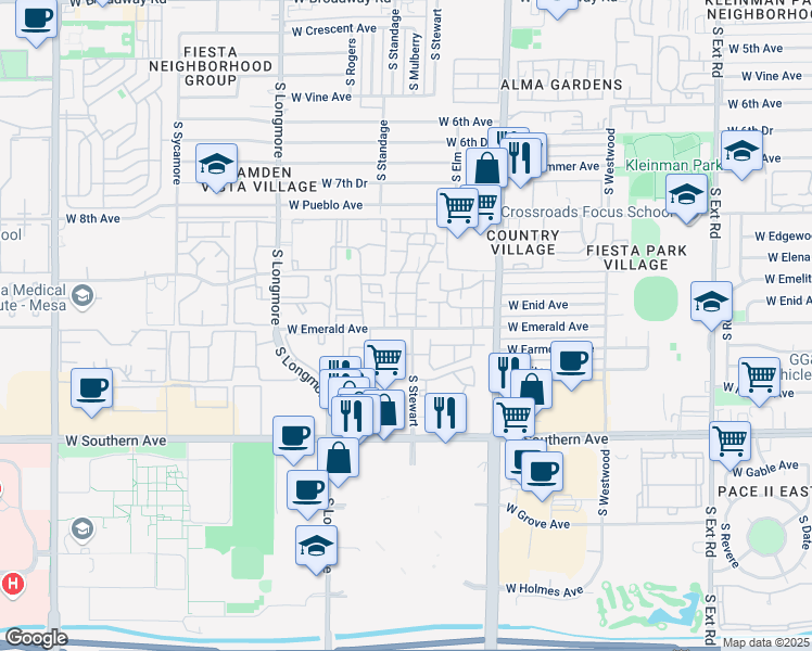 map of restaurants, bars, coffee shops, grocery stores, and more near 1342 West Emerald Avenue in Mesa