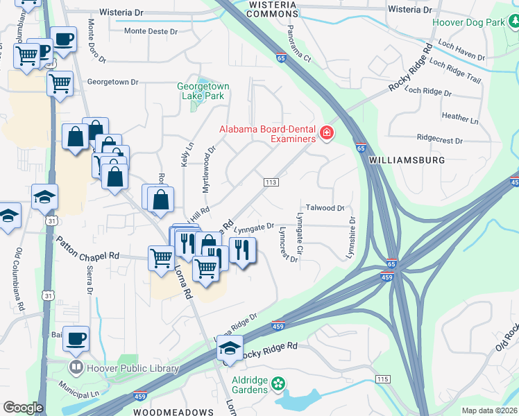 map of restaurants, bars, coffee shops, grocery stores, and more near 1101 Ashbury Square in Birmingham