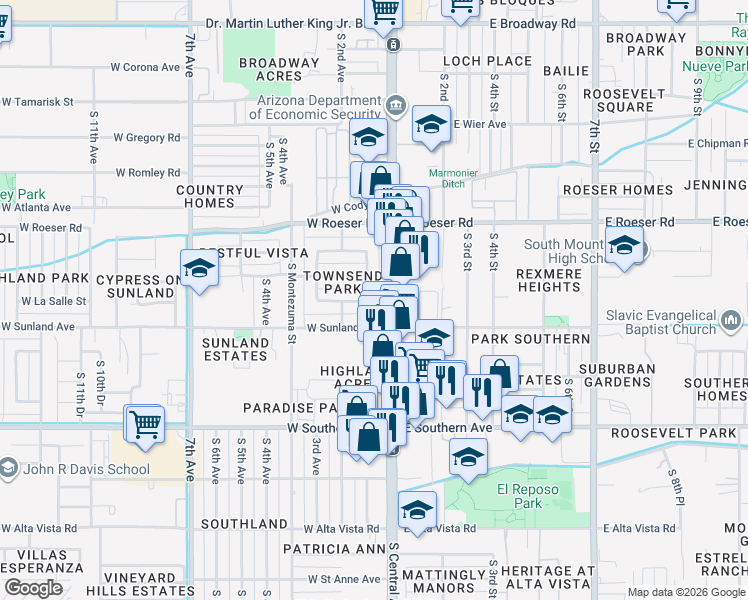 map of restaurants, bars, coffee shops, grocery stores, and more near 5403 South 1st Avenue in Phoenix