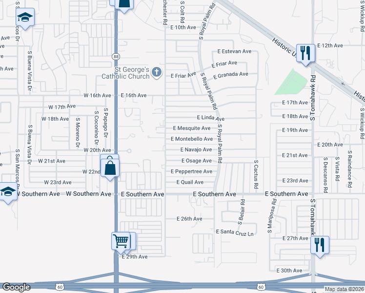 map of restaurants, bars, coffee shops, grocery stores, and more near 540 East Montebello Avenue in Apache Junction