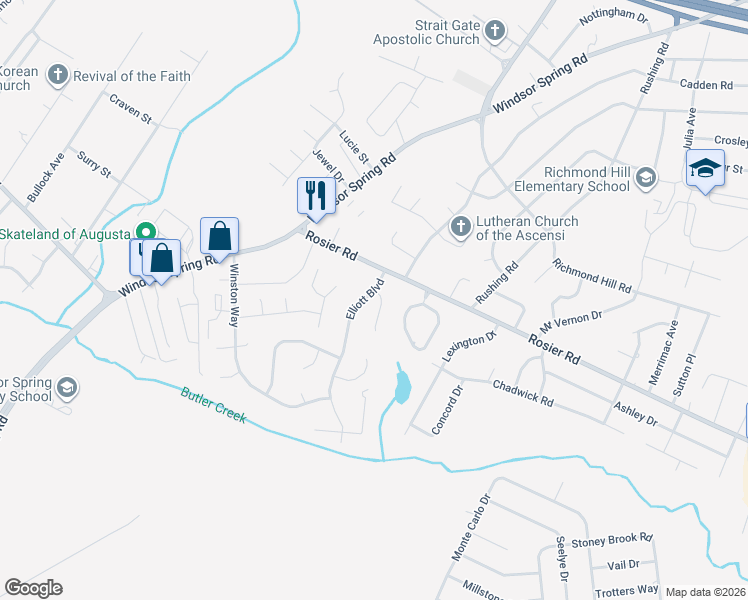 map of restaurants, bars, coffee shops, grocery stores, and more near 3603 Elliott Boulevard in Augusta