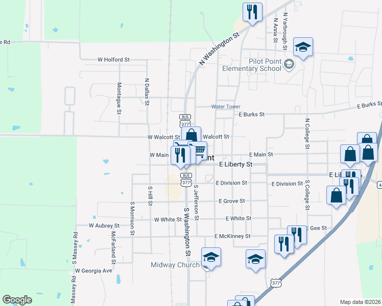 map of restaurants, bars, coffee shops, grocery stores, and more near 116 North Washington Street in Pilot Point