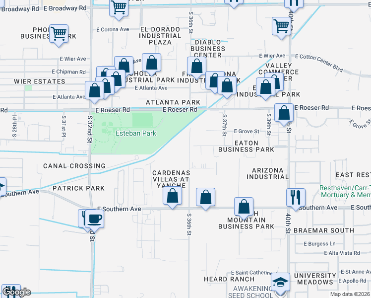 map of restaurants, bars, coffee shops, grocery stores, and more near 5252 South 36th Street in Phoenix