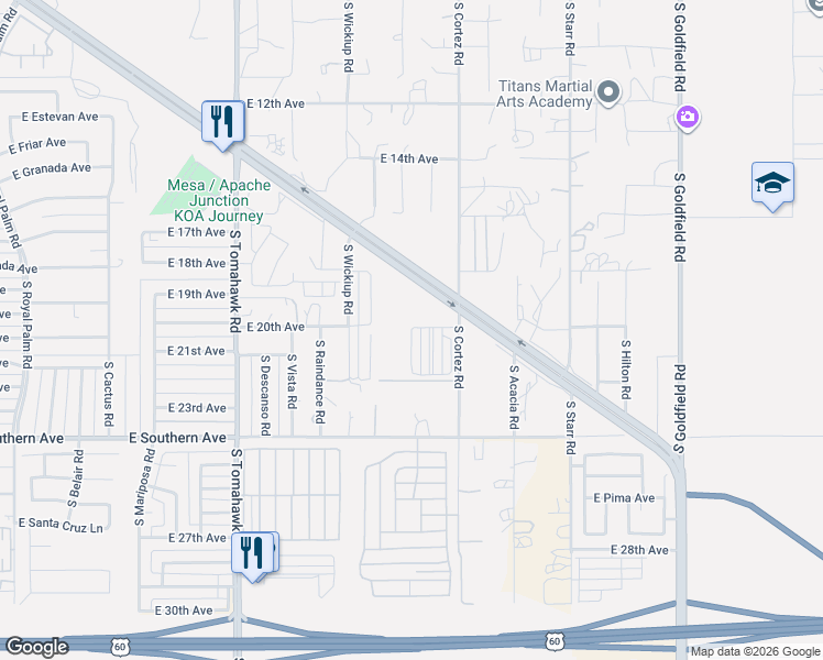 map of restaurants, bars, coffee shops, grocery stores, and more near Wickiup in Apache Junction