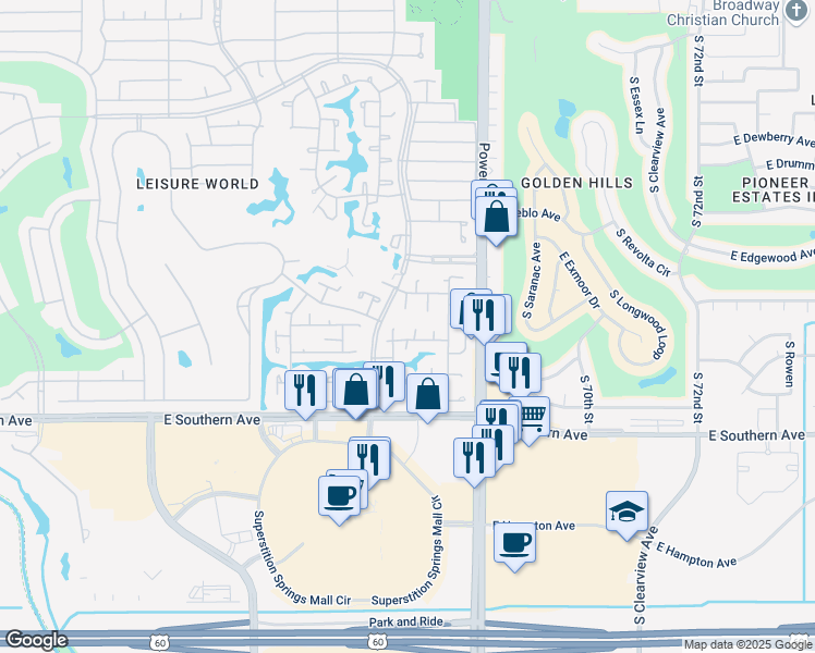 map of restaurants, bars, coffee shops, grocery stores, and more near 99 Leisure World in Mesa
