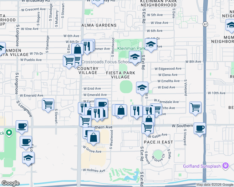 map of restaurants, bars, coffee shops, grocery stores, and more near 936 West Emerald Circle in Mesa
