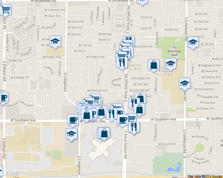 map of restaurants, bars, coffee shops, grocery stores, and more near Villas Mesa III Apartments in Mesa