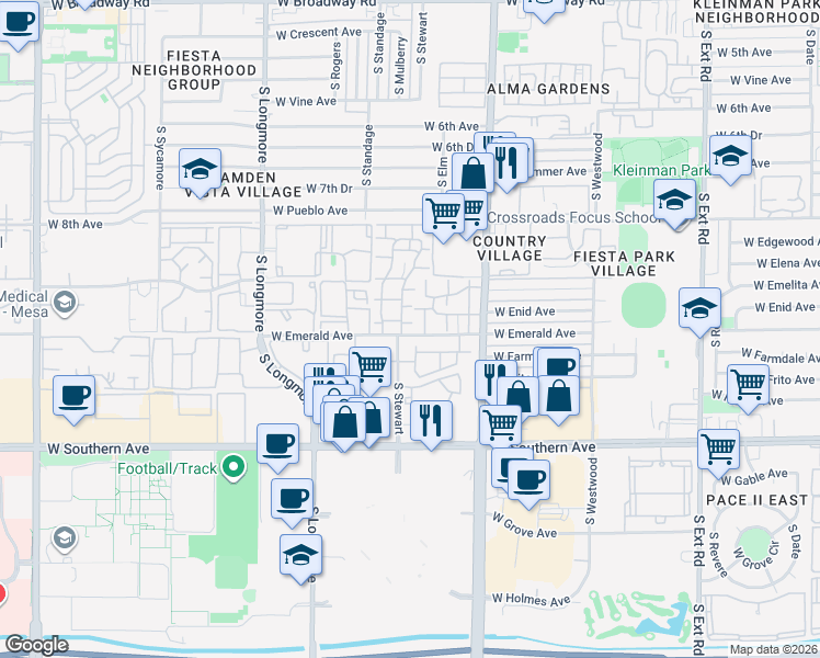 map of restaurants, bars, coffee shops, grocery stores, and more near Villas Mesa III Apartments in Mesa