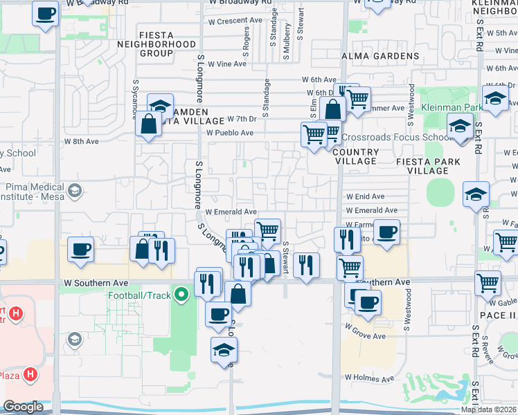 map of restaurants, bars, coffee shops, grocery stores, and more near 1432 West Emerald Avenue in Mesa