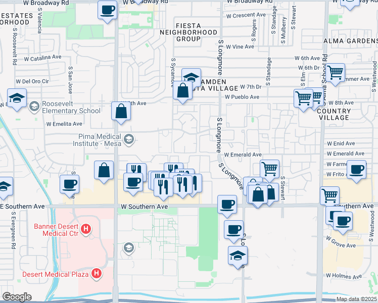map of restaurants, bars, coffee shops, grocery stores, and more near 1727 West Emelita Avenue in Mesa