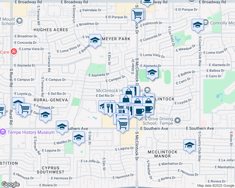map of restaurants, bars, coffee shops, grocery stores, and more near 1624 East Wesleyan Drive in Tempe