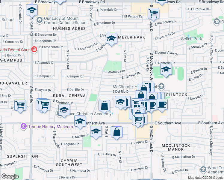 map of restaurants, bars, coffee shops, grocery stores, and more near 1401 East Wesleyan Drive in Tempe