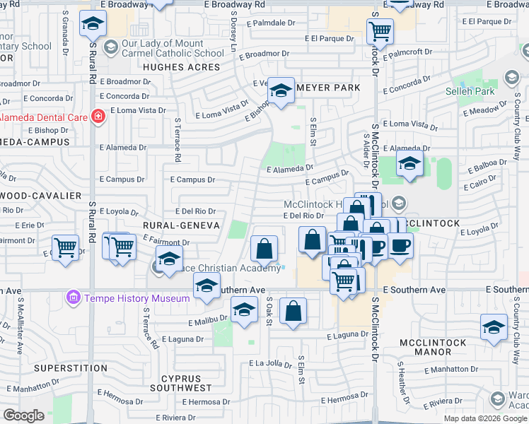 map of restaurants, bars, coffee shops, grocery stores, and more near 1303 East Wesleyan Drive in Tempe