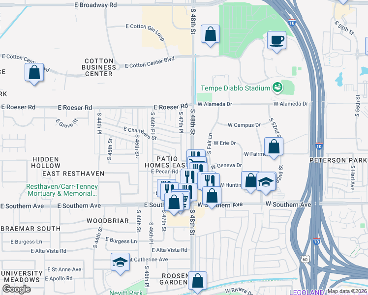 map of restaurants, bars, coffee shops, grocery stores, and more near 4722 East Chambers Street in Phoenix