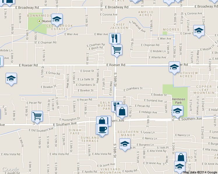 map of restaurants, bars, coffee shops, grocery stores, and more near 1514 East Chambers Street in Phoenix