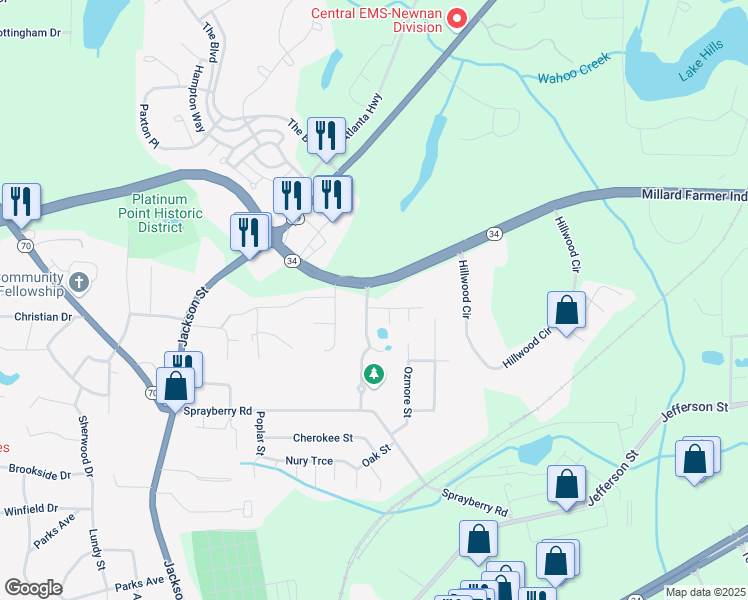 map of restaurants, bars, coffee shops, grocery stores, and more near 3 Grier Lane in Newnan