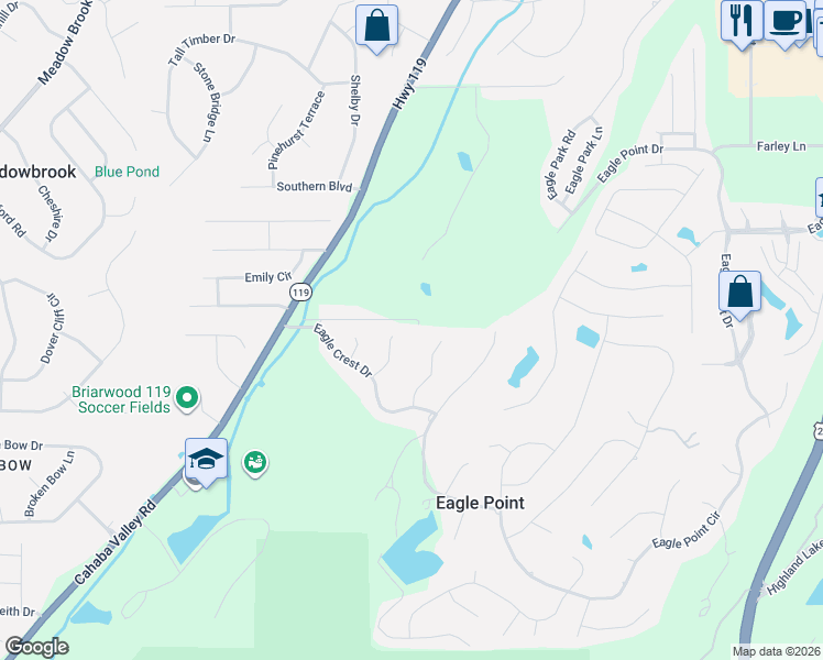 map of restaurants, bars, coffee shops, grocery stores, and more near 454-5598 Triple West Lane in Birmingham