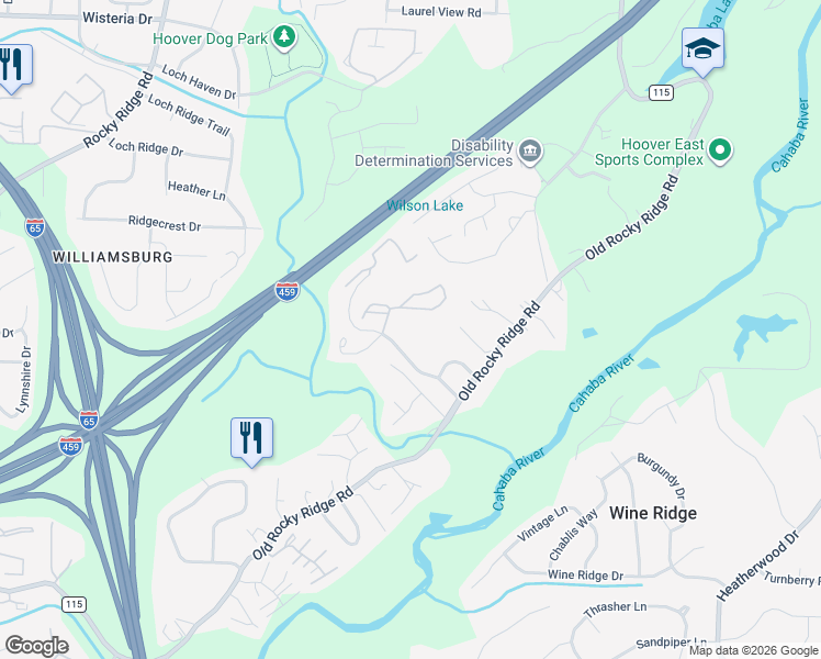 map of restaurants, bars, coffee shops, grocery stores, and more near 2400 Chestnut Ridge Place in Vestavia Hills
