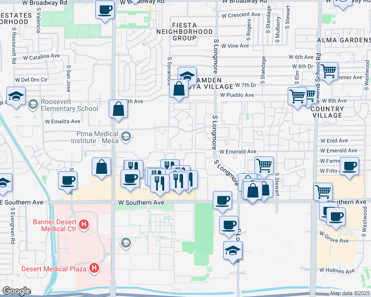 map of restaurants, bars, coffee shops, grocery stores, and more near 1050 South Longmore in Mesa