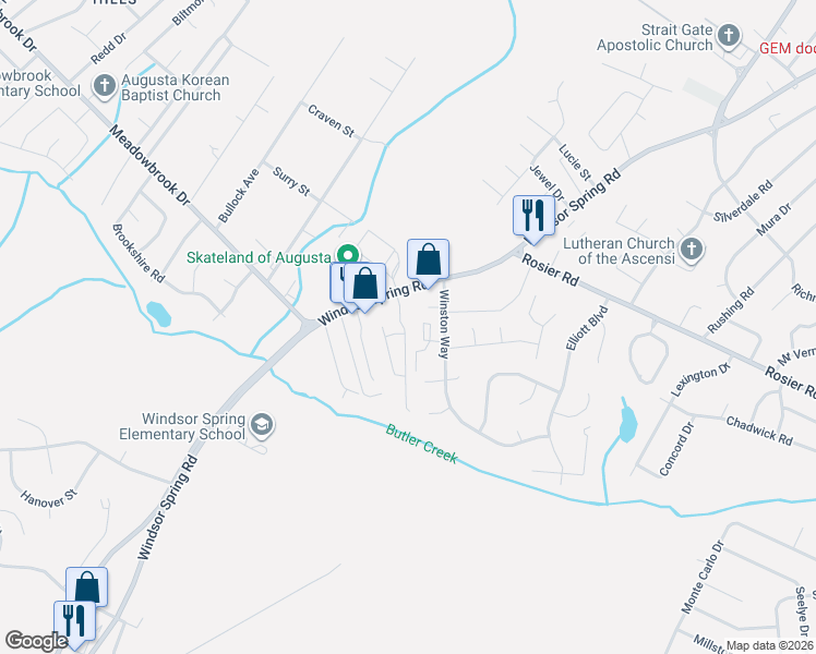 map of restaurants, bars, coffee shops, grocery stores, and more near 2436 Windsor Spring Road in Augusta