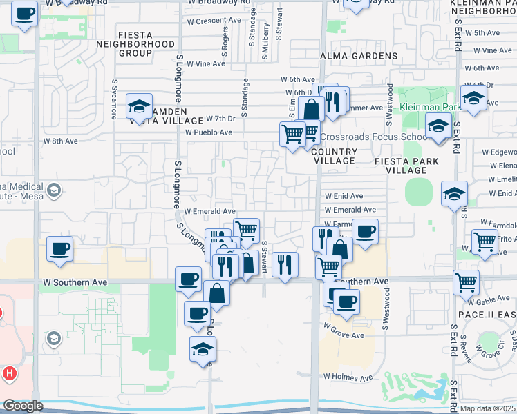 map of restaurants, bars, coffee shops, grocery stores, and more near 1342 West Emerald Avenue in Mesa